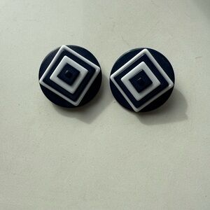 Vintage Navy and White Geometric Earrings, Mod Clip On
